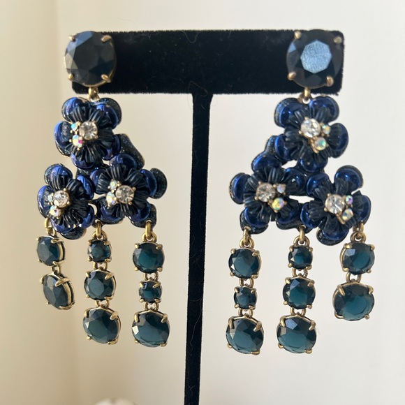 J.Crew Navy Blue Large Dangle Statement Earrings Crystal Rhinestones - Picture 12 of 14